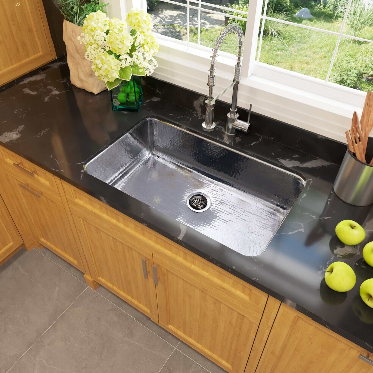 Nantucket 32" Undermount Stainless Steel Kitchen Sink - KSSH3219-10 in a modern kitchen setting with black counter and décor.