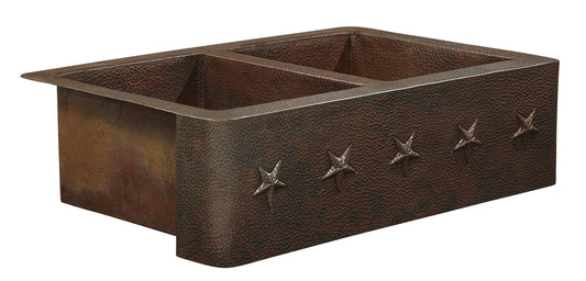 Thompson Kahlo 2KS-AD-1 aged copper farmhouse sink with hammered star design on the apron