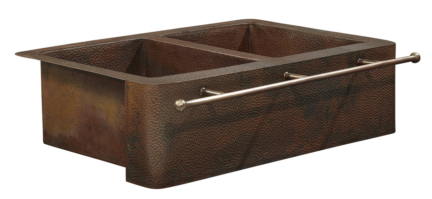 Thompson Kahlo aged copper double bowl farmhouse sink with towel bar, corner view - 2KS-AD-2