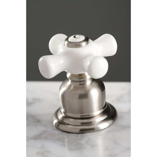 KINGSTON Brass American Classic Widespread Bathroom Faucet top view of cross handle with white knobs on chrome base