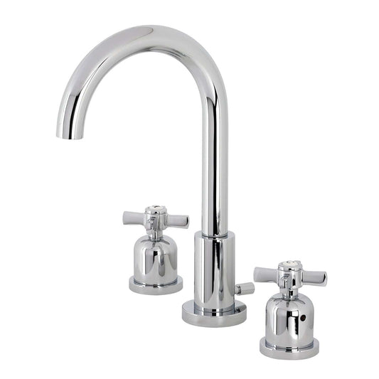 Close-up view of the KINGSTON Brass Millennium Widespread Bathroom Faucet showcasing sleek curves and elegant handles.