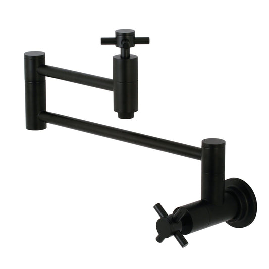 KINGSTON Brass Concord Wall Mount Pot Filler Kitchen Faucet in matte black, showcasing sleek modern design from the side.