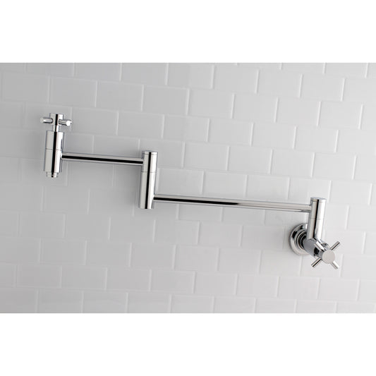 Kingston Brass Concord wall mount pot filler faucet shown in Chrome finish installed on a subway tile wall