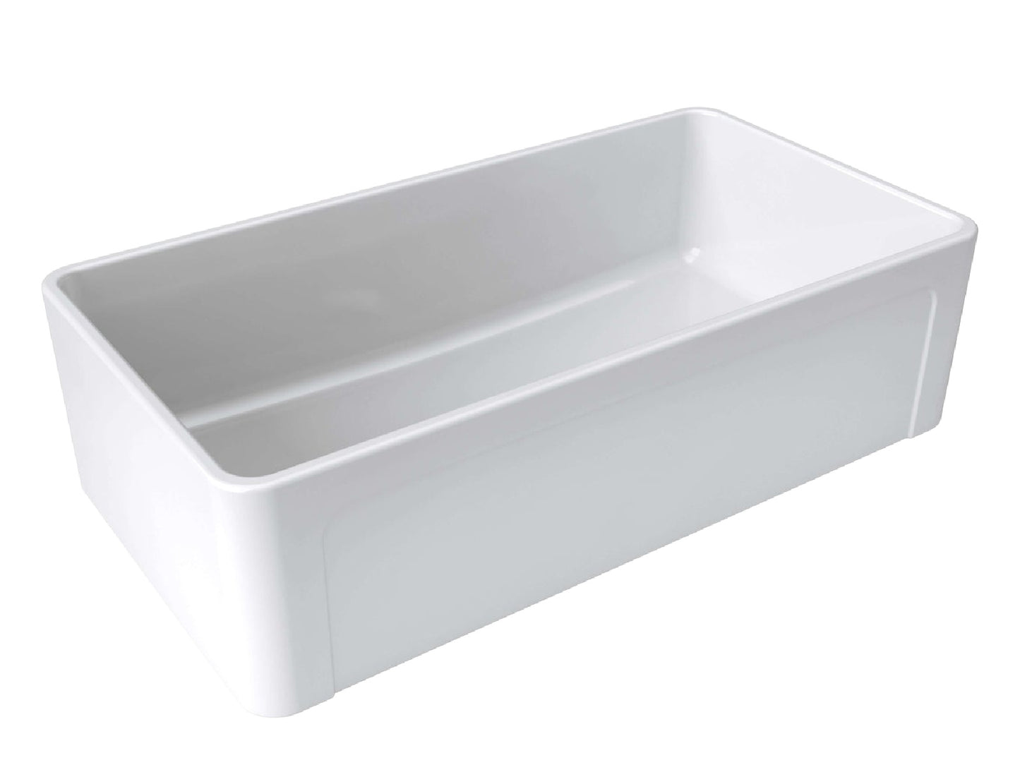 Latoscana 36" Reversible Fireclay Single Bowl Farmhouse Sink front view highlighting spacious interior design.