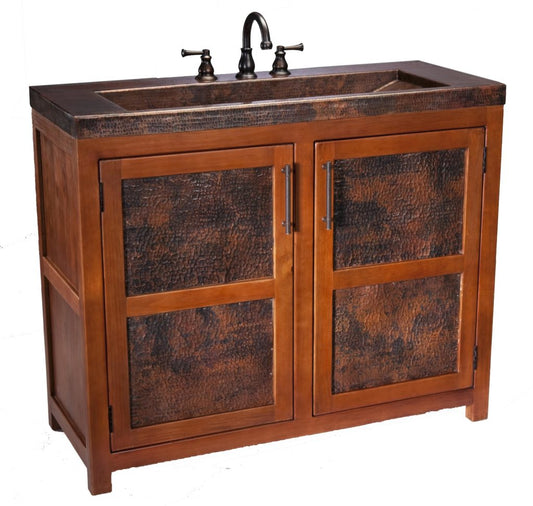 Thompson Lerma Grande two-door solid wood vanity VTL with hammered aged copper top, angled view