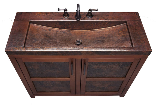 Integrated hammered aged copper top and basin of the Thompson Lerma Grande vanity VTL, from above