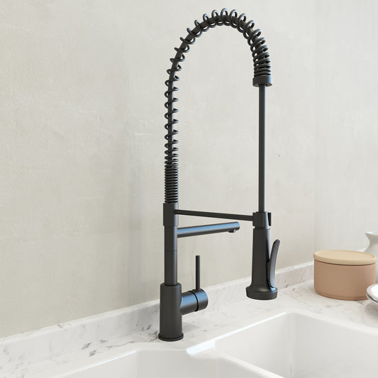 BOCCHI MAGGIORE 2.0 Dual-Spout Professional Kitchen Faucet in sleek black finish, featured above a double sink.