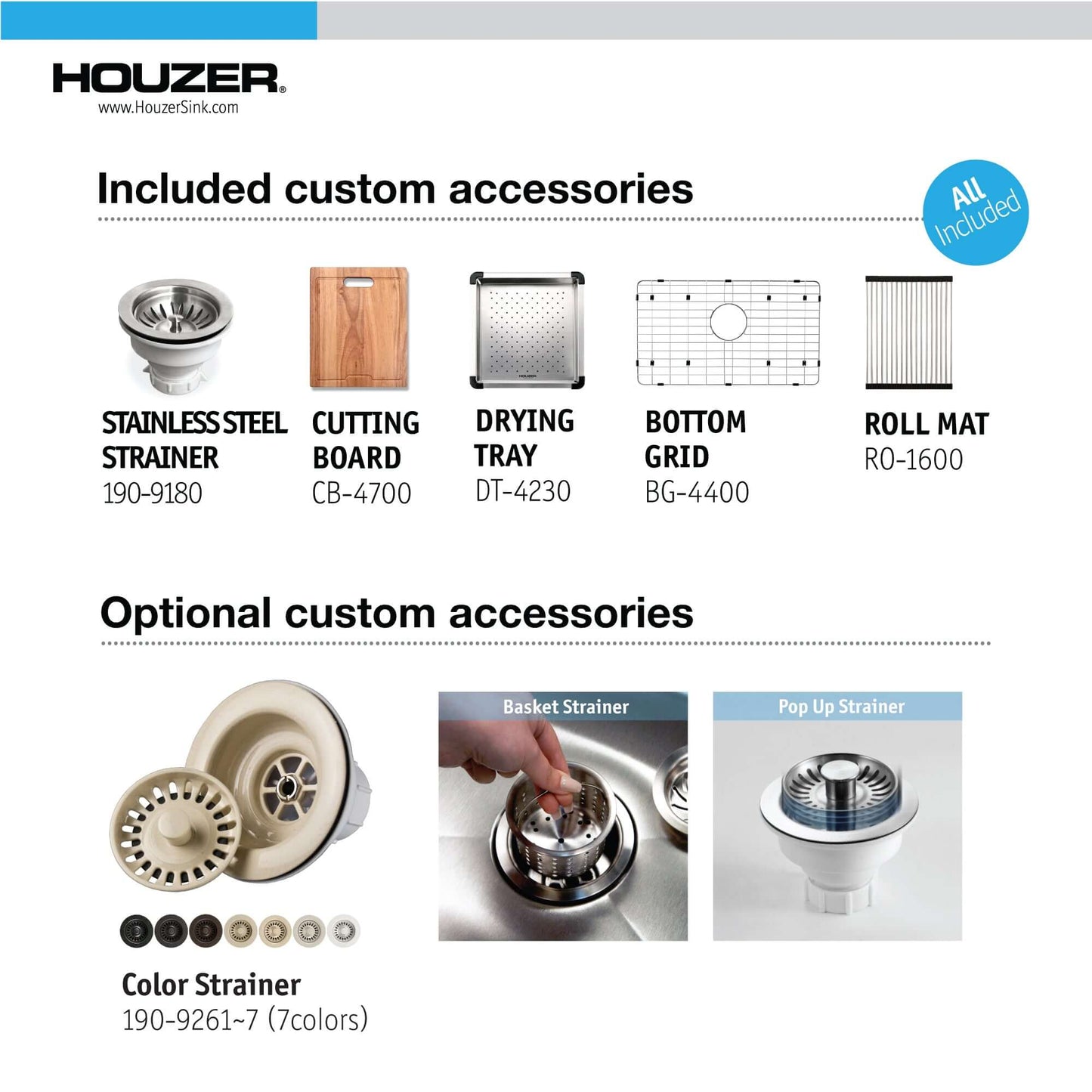 HOUZER NOVUS 26" Stainless Steel Undermount Kitchen Sink, NVS-2600 custom accessories including strainer, cutting board, and drying tray.