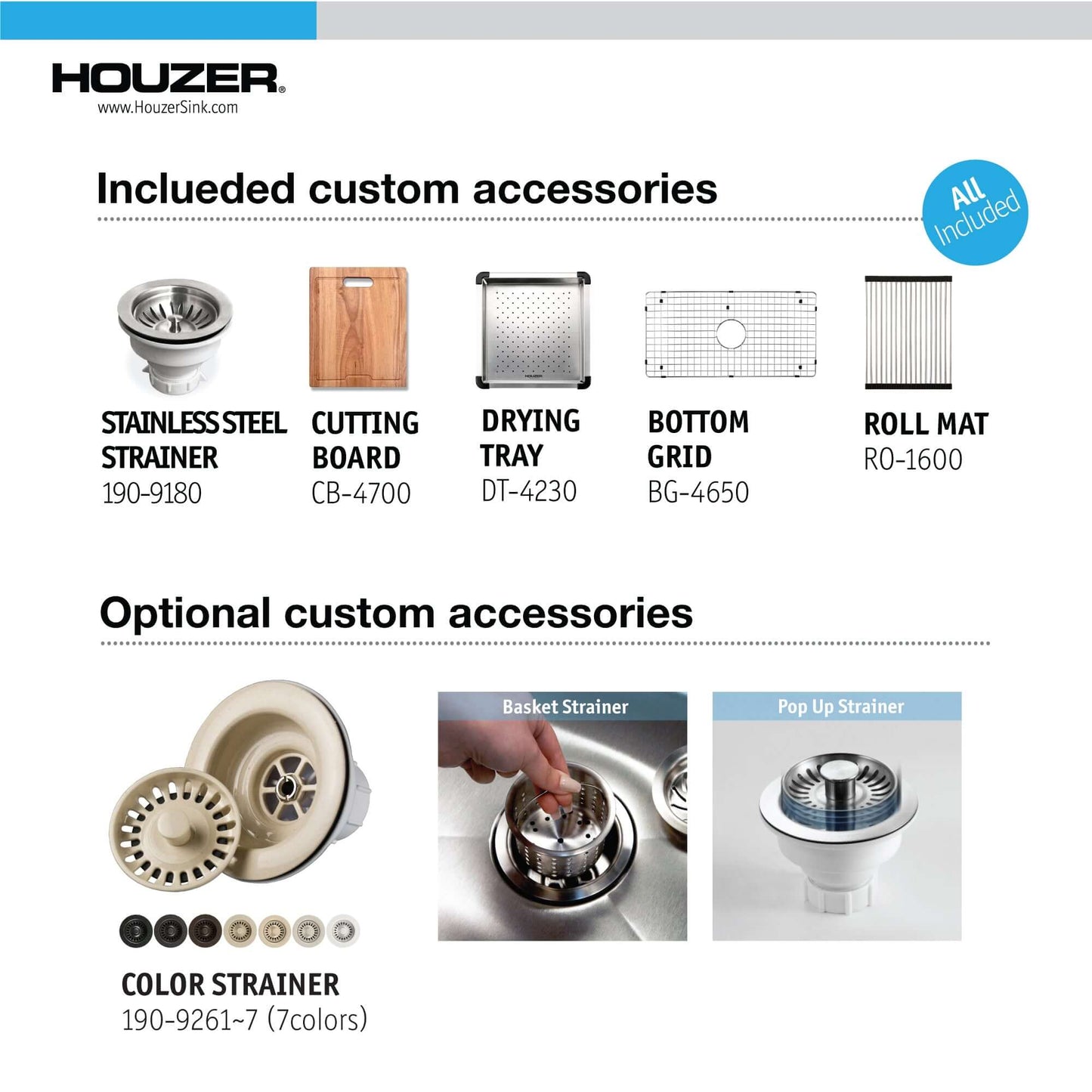 Included accessories for HOUZER NOVUS 32" Stainless Steel Undermount Dual Platform Workstation Kitchen Sink - NVS-5200.