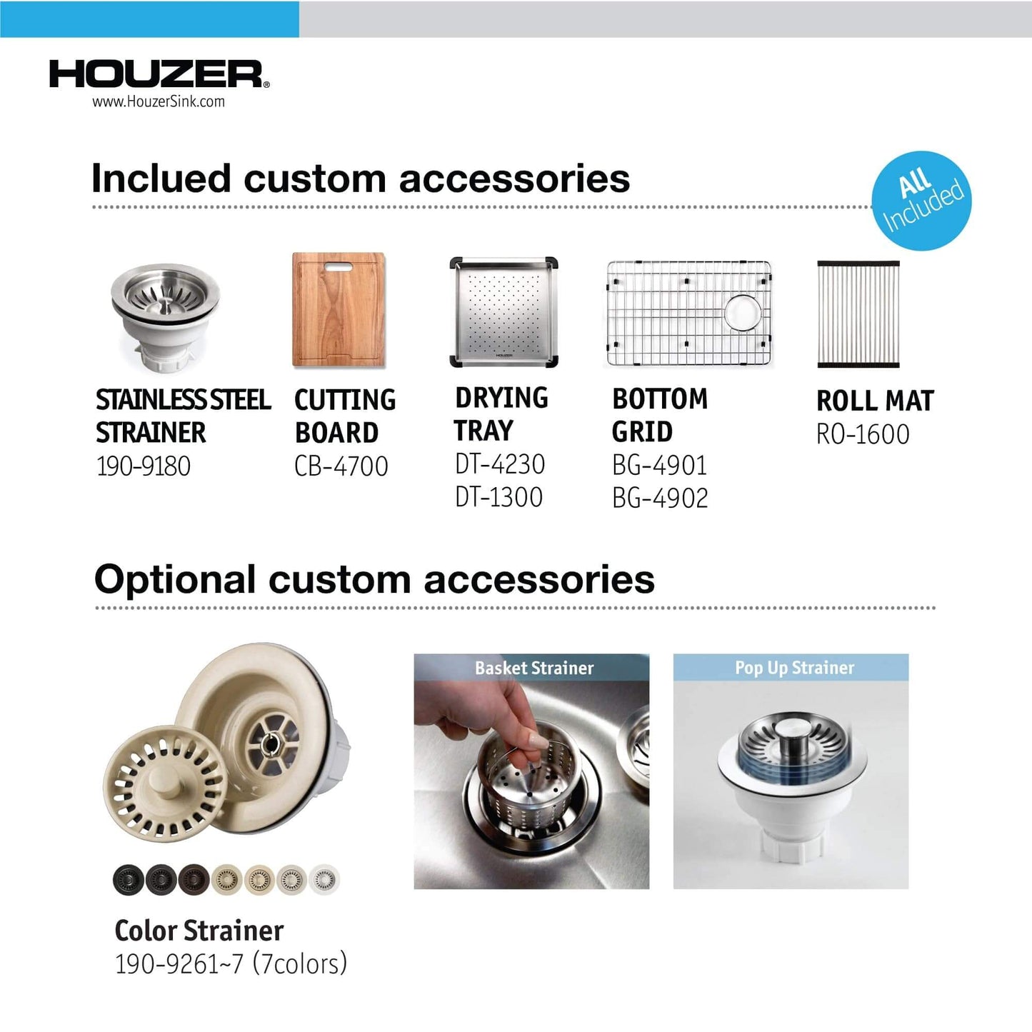 Included accessories for HOUZER NOVUS 45" Stainless Steel Undermount Dual Platform Workstation Single Bowl Kitchen Sink with Accessories - NVS-6500.
