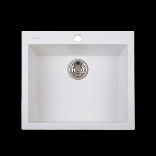 White kitchen sink with silver drain cover on a white background