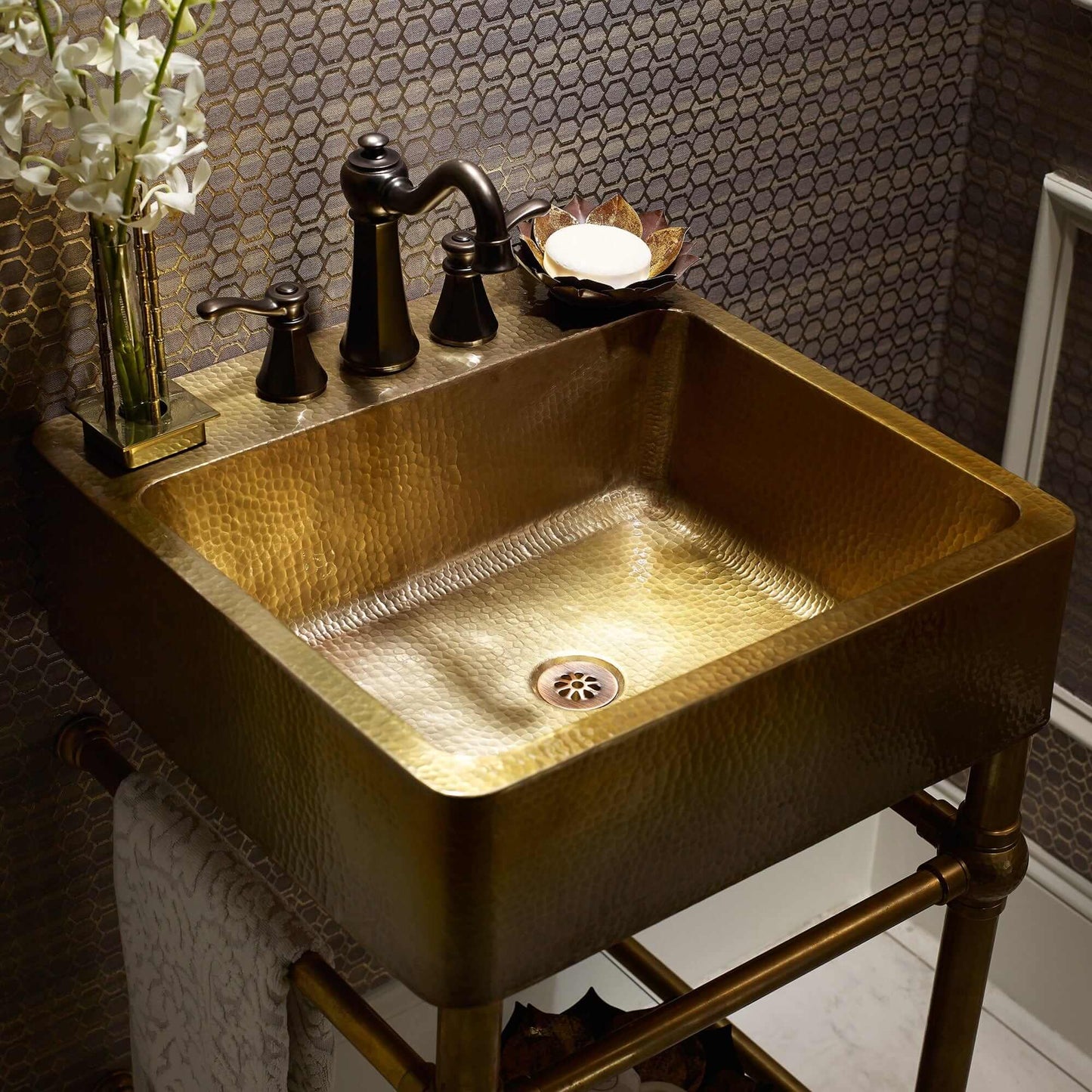 Thompson Traders Zacatecas Vanity - PV-3420ASG showcasing an antique gold sink with elegant fixtures and refined craftsmanship.