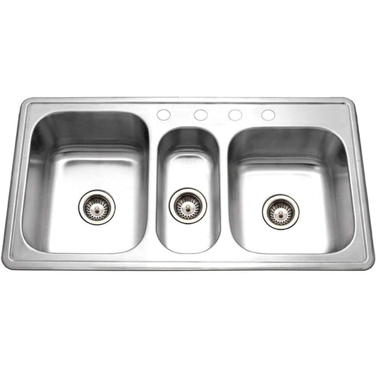 Houzer 41" Stainless Steel Topmount Triple Bowl Kitchen Sink, PGT-4322-1 with three bowls and strainers.
