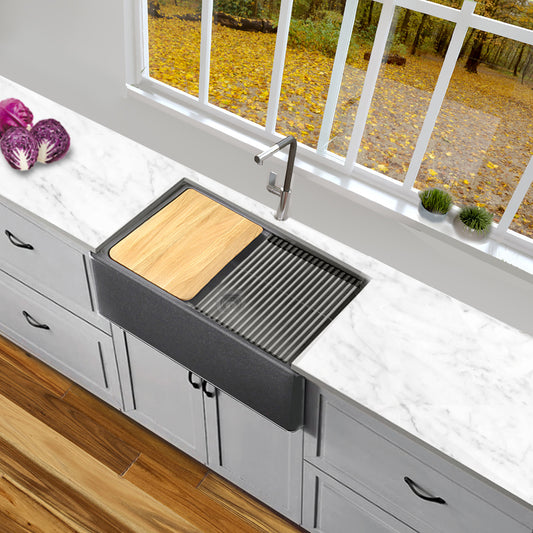 Nantucket PR3020-APS-TI 30-inch titanium granite composite farmhouse workstation sink, installed