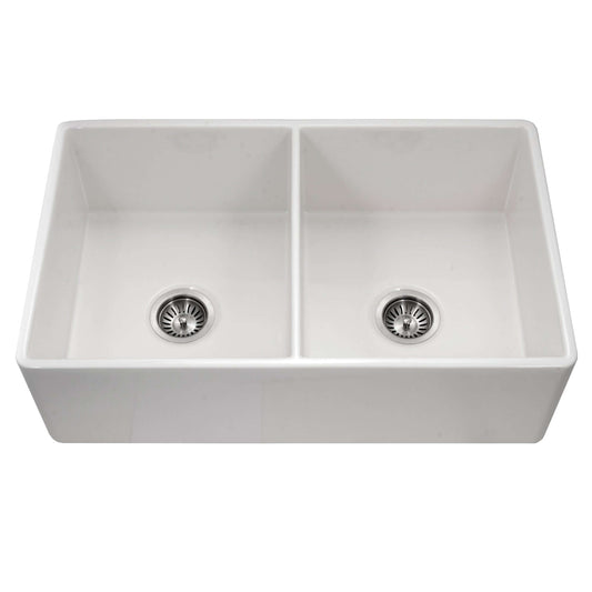 HOUZER PLATUS 33" Fireclay Apron Front Farmhouse 50/50 Double Bowl Kitchen Sink, top view with two bowls.
