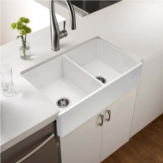 HOUZER PLATUS 33" Fireclay Apron Front Farmhouse 50/50 Double Bowl Kitchen Sink in white top view with faucet.