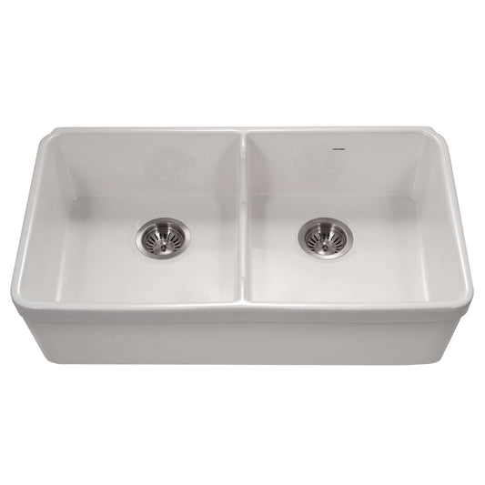 HOUZER PLATUS 32" Fireclay Apron Front Farmhouse 50/50 Double Bowl Kitchen Sink with Low Divide in white