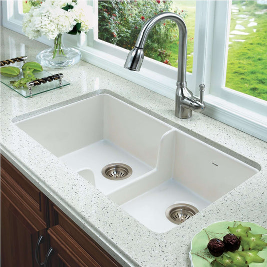 HOUZER PLATUS 32" Fireclay Apron Front Farmhouse 50/50 Double Bowl Kitchen Sink with Low Divide in modern kitchen setting.