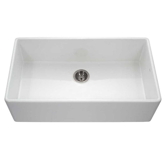 Houzer 36" Fireclay Single Bowl Farmhouse Kitchen Sink, PTG-3600 WH in white with drain.