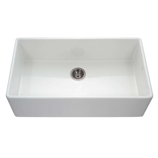 HOUZER PLATUS 36" Fireclay Apron Front Farmhouse Single Bowl Kitchen Sink in a sleek white finish.