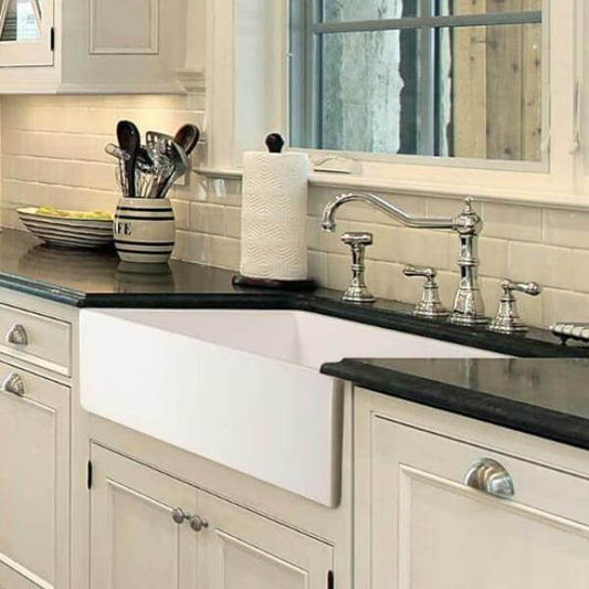 Houzer 36" Fireclay Single Bowl Farmhouse Kitchen Sink, PTG-3600 WH in modern kitchen setting with accessories.