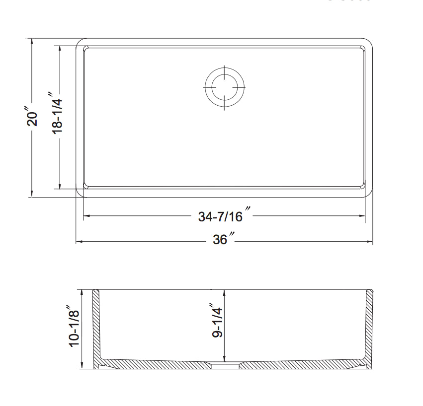 Dimensions diagram of Houzer 36" Fireclay Single Bowl Farmhouse Kitchen Sink, PTG-3600 WH.