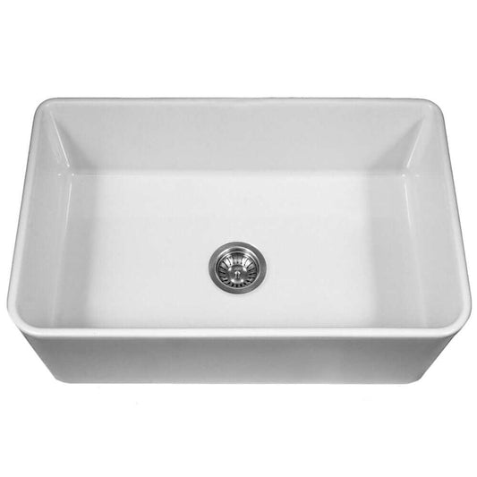Houzer Platus 33" White Farmhouse Apron Front Fireclay Kitchen Sink, PTG-4300 WH with stainless steel drain.