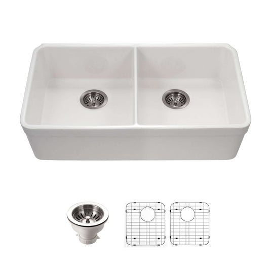 HOUZER PLATUS 32" Fireclay Undermount 50/50 Double Bowl Kitchen Sink with Basket Strainer and Basin Grids