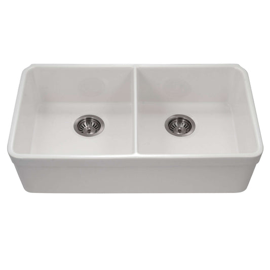 HOUZER PLATUS 32" Fireclay Undermount 50/50 Double Bowl Kitchen Sink in white finish with stainless steel drains.