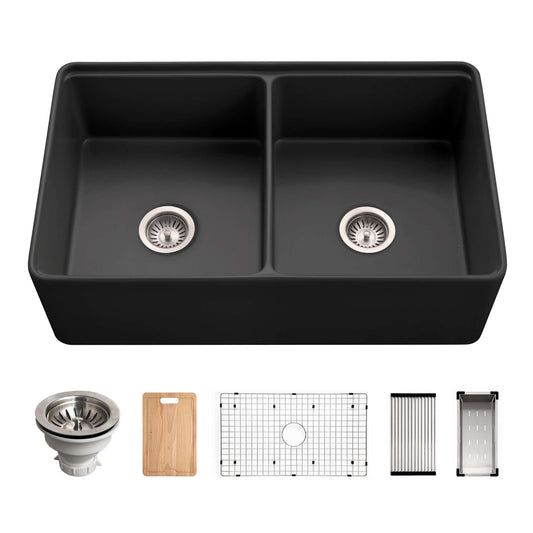HOUZER ASPIRE 33" Fireclay Farmhouse Apron Front 50/50 Double Bowl Workstation Sink with Accessories
