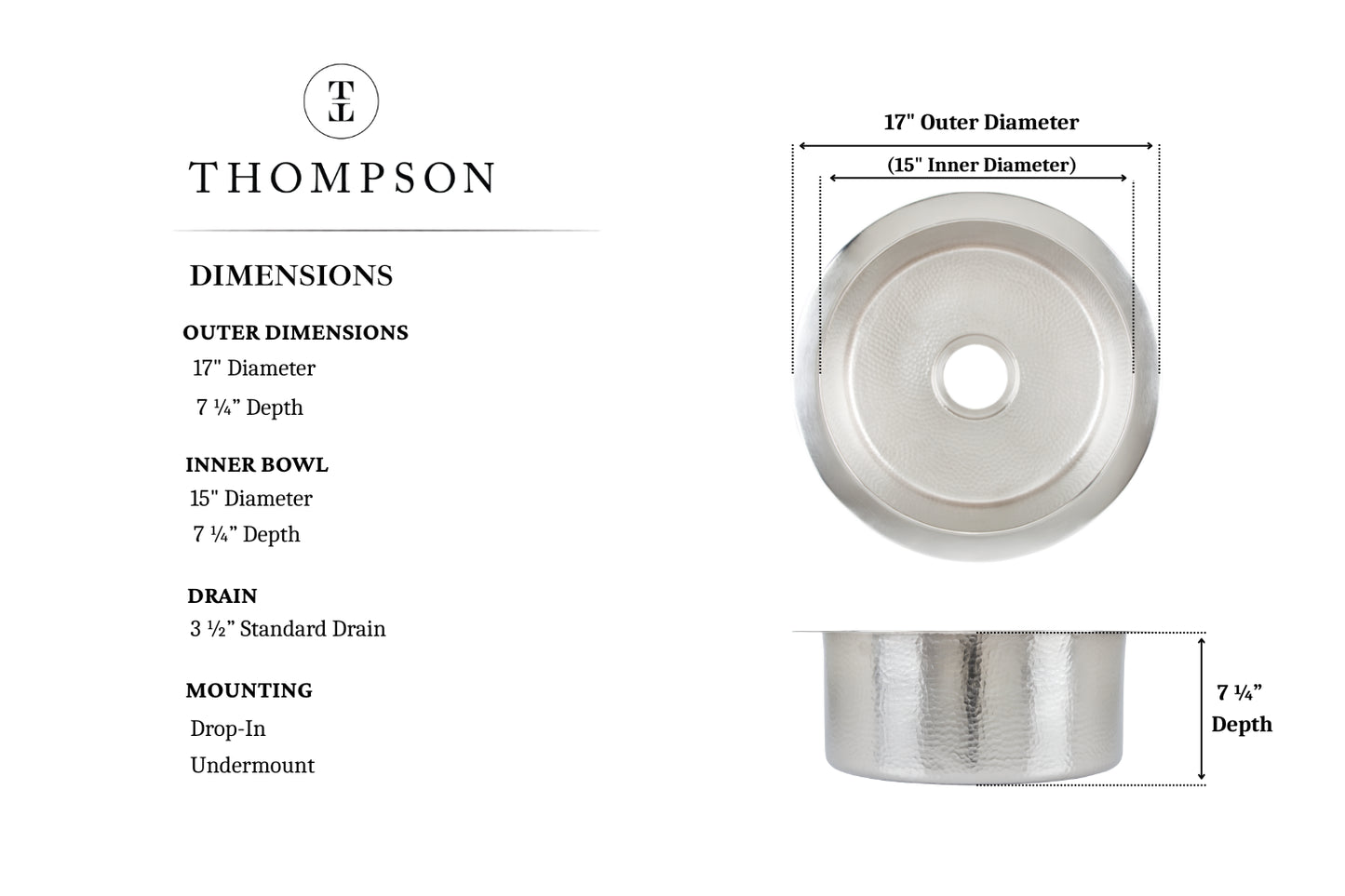 Thompson De La Cruz hand-hammered nickel bar and prep sink PU-1708BRN, dimension drawing