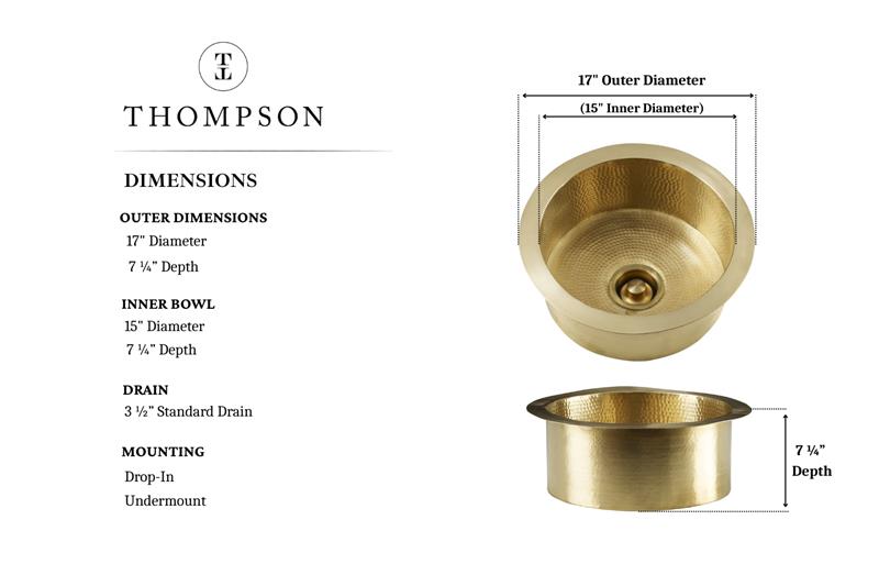 Thompson De La Cruz hand-hammered semi-satin brass bar and prep sink PU-1708HPB, dimension drawing