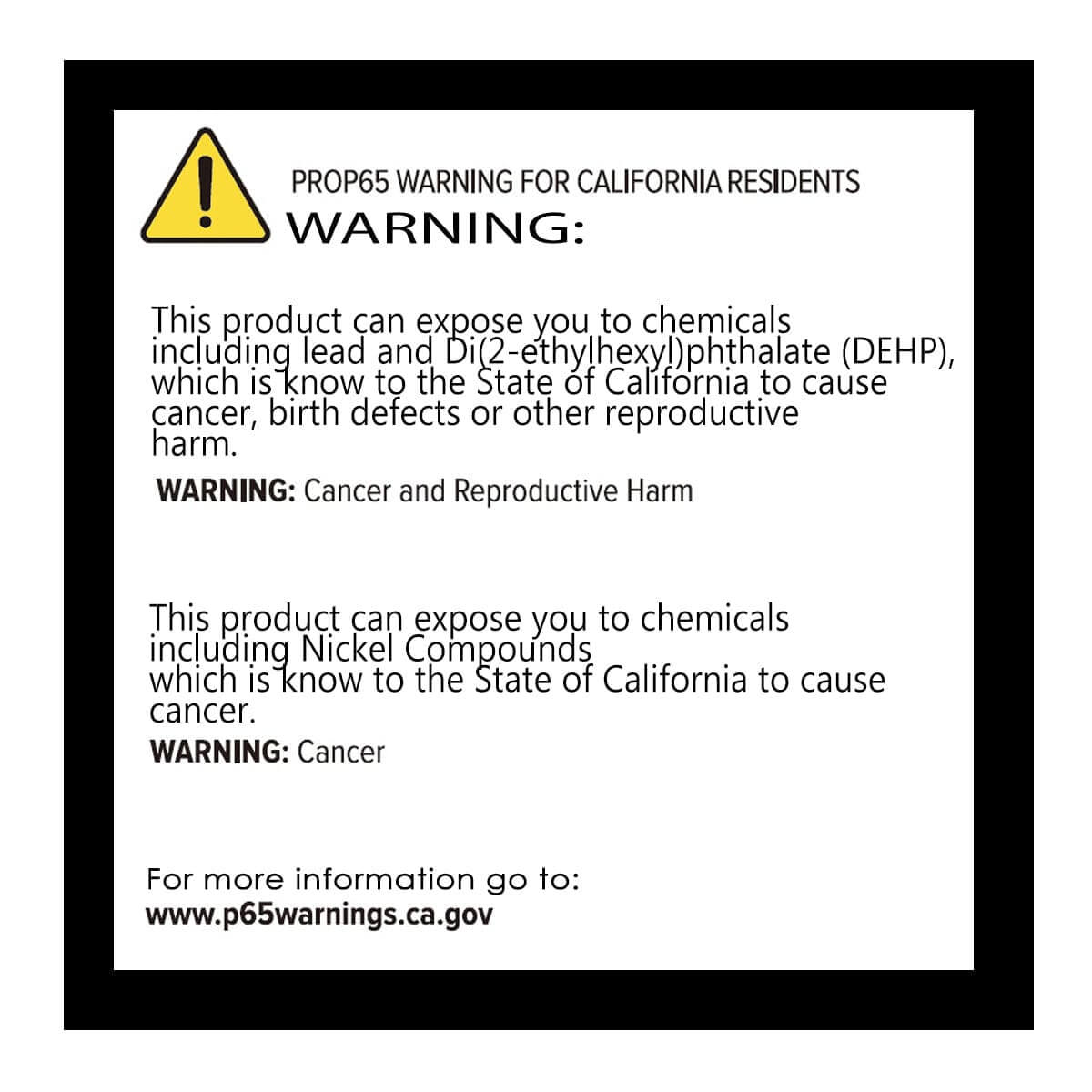 PROP65 warning label for California residents about chemical exposure risks.
