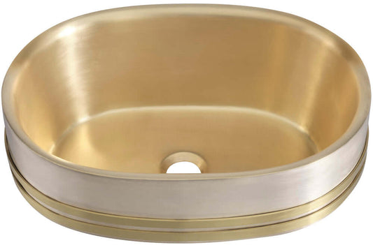 Thompson Quintana Handcrafted Oval Vessel Sink in Satin Brass and Burnished Nickel - KCBV1712 showing elegant dual-metal design.