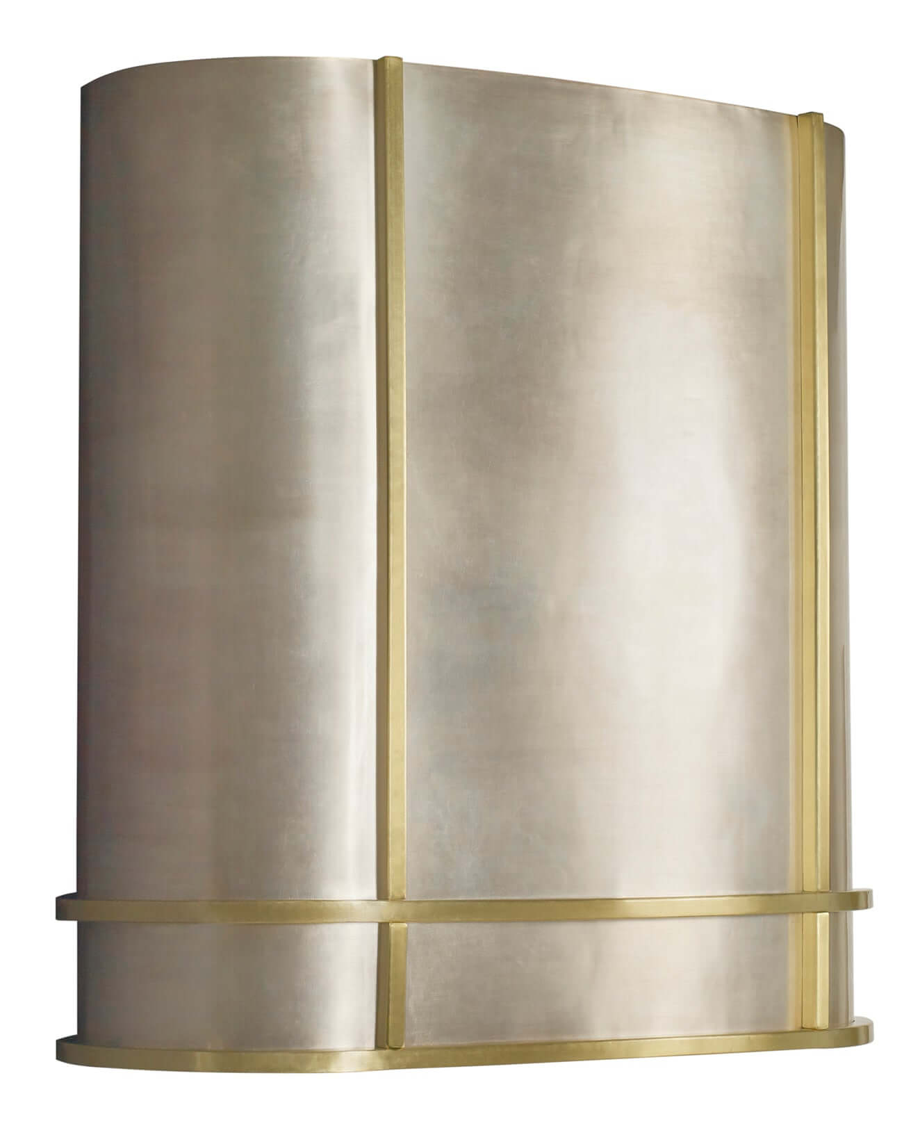 Thompson Quintana Handcrafted Oval Range Hood in Satin Brass and Burnished Nickel - KCRH48 showcasing elegant design.