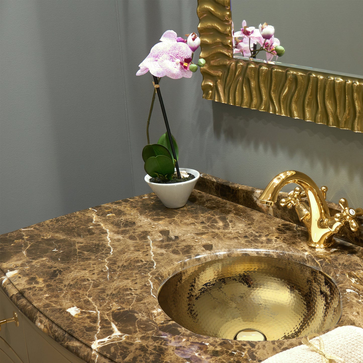 Nantucket 16.5-inch hand hammered brass round bathroom sink RLB-OF, installed