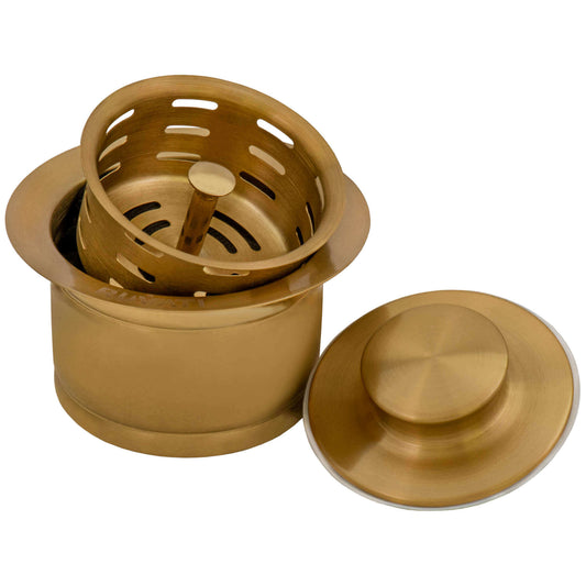 Ruvati RVA1052 Extended Garbage Disposal Flange with Deep Basket Strainer and Stopper in Brushed Gold.