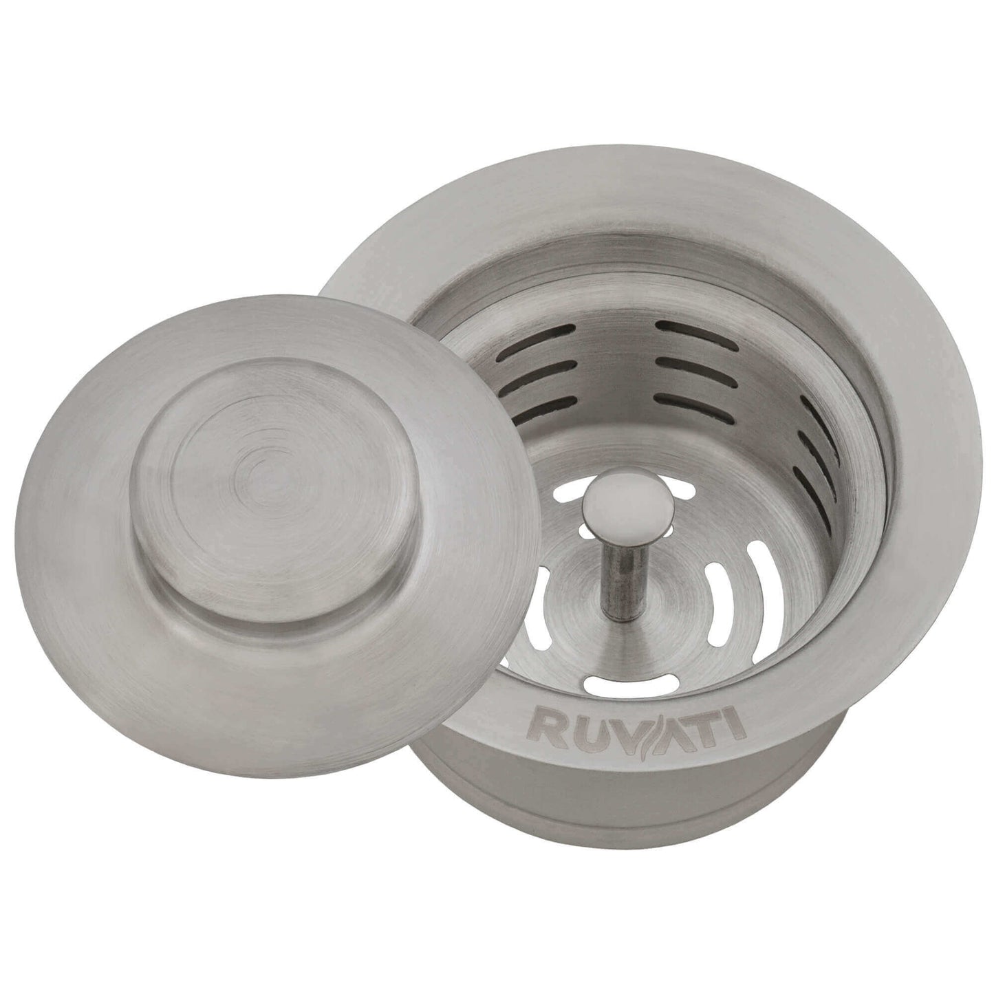 Ruvati RVA1052 Extended Garbage Disposal Flange with Deep Basket Strainer and Stopper in stainless steel finish.