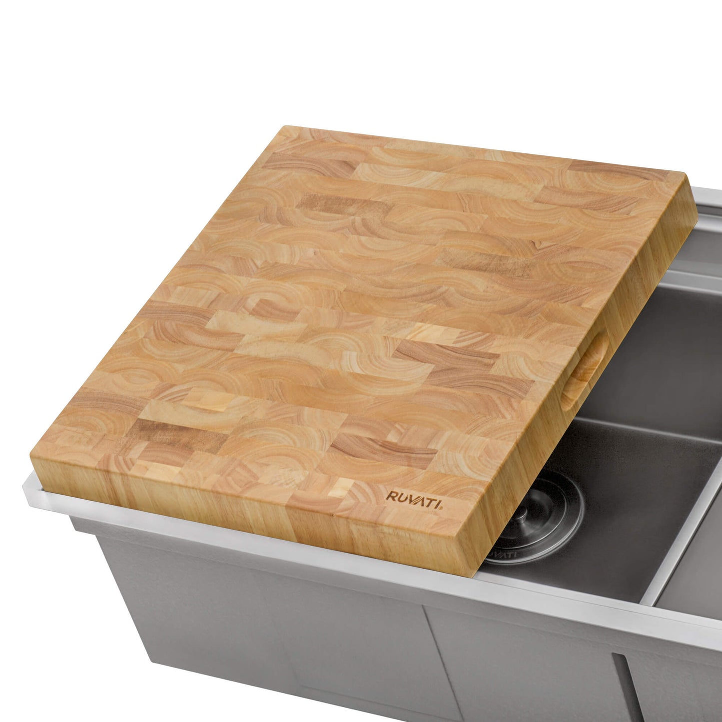 Ruvati French Oak Butcher Block shown in use on a workstation sink