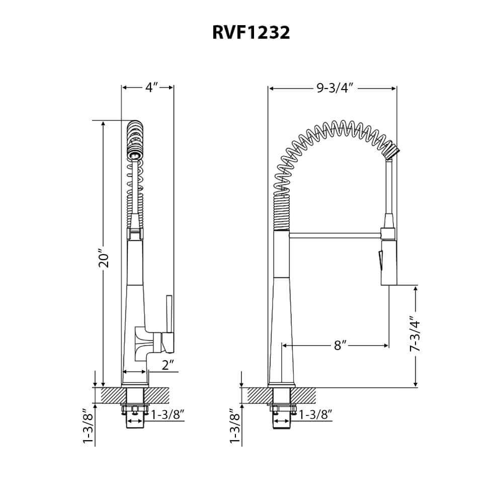 Ruvati RVF1232 Seneca Single-Handle Pull-Down Kitchen Faucet with Pre-Rinse Sprayer in Stainless Steel technical drawing dimensions
