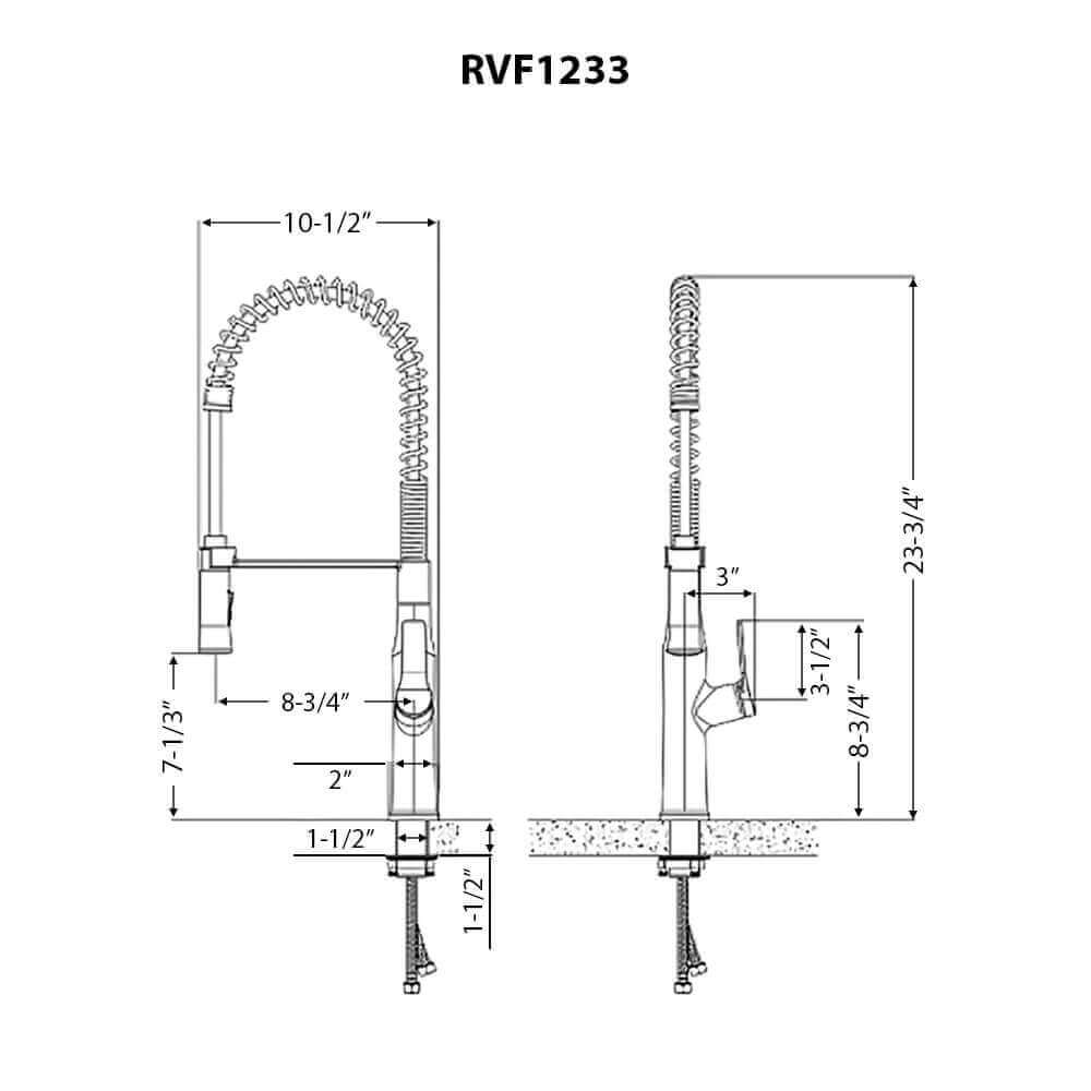 Ruvati RVF1233 Bianca Single-Handle Tall High-Arc Commercial Kitchen Faucet with Pre-Rinse Sprayer technical drawing dimensions