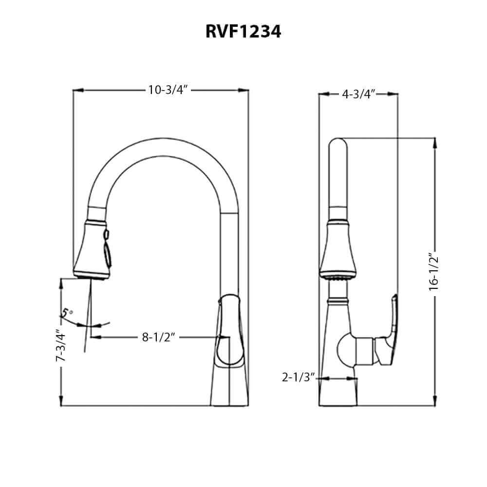 Ruvati RVF1234 Simoni Single-Handle Pull-Down Kitchen Faucet — Traditional Farmhouse Style technical drawing dimensions