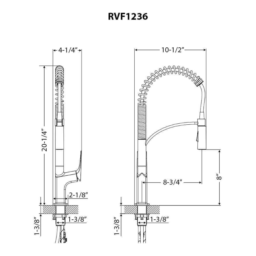 Ruvati RVF1236 Seneca Single-Handle Spring Pull-Down Kitchen Faucet with Pre-Rinse Sprayer technical drawing dimensions