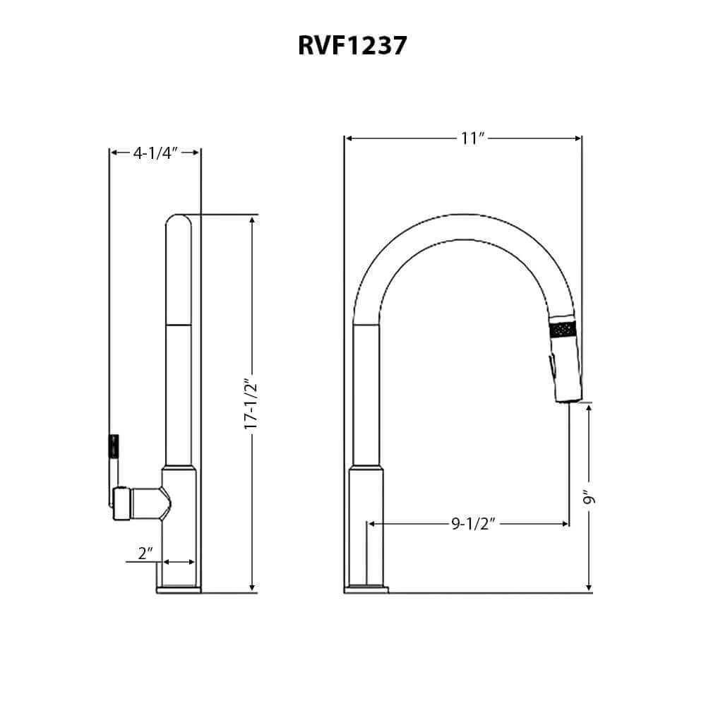 Ruvati RVF1237 Vestia Single-Handle Pull-Down Kitchen Faucet with Knurl Detail dimensions and specifications.