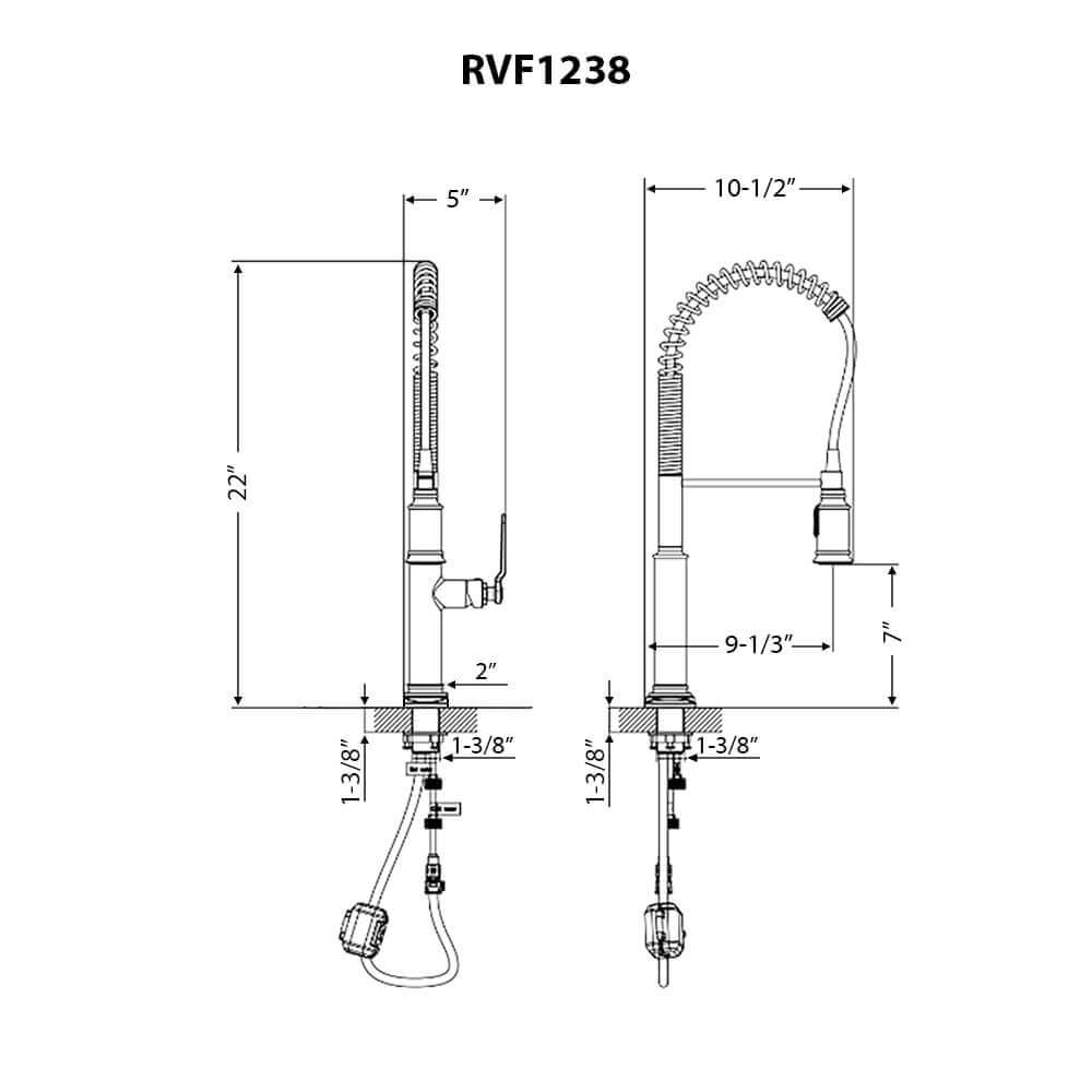 Ruvati RVF1238 Seneca Single-Handle Pre-Rinse High-Arc Kitchen Faucet in Stainless Steel dimensions and specifications.