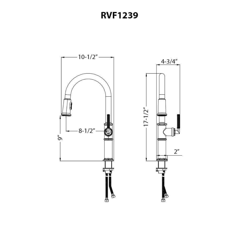 Ruvati RVF1239 Idris Single-Handle Pull-Down High-Arc Gooseneck Kitchen Faucet dimensions diagram