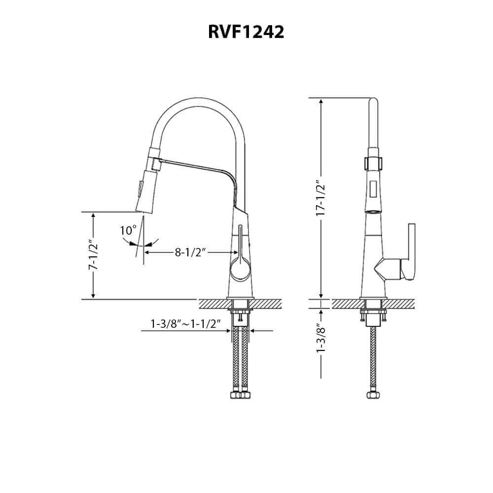 Ruvati RVF1242 Carina Single-Handle Flexible Hose Kitchen Faucet in Stainless and Black dimensions diagram