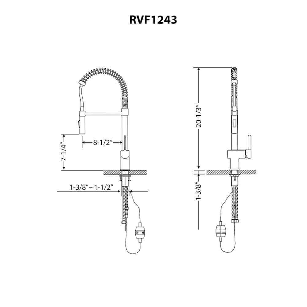 Ruvati RVF1243 Seneca Single-Handle Pull-Down Pull-Out Spring Kitchen Faucet dimensions diagram with specifications.