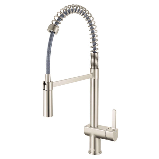Ruvati RVF1243 Seneca Single-Handle Pull-Down Pull-Out Spring Kitchen Faucet in Stainless Steel finish.