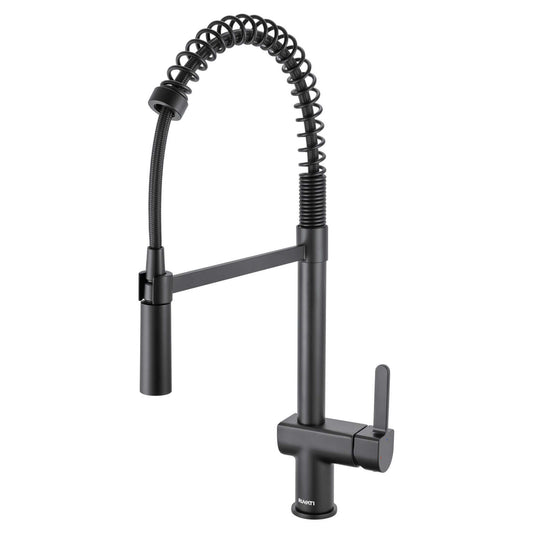 Ruvati RVF1243 Seneca Single-Handle Pull-Down Pull-Out Spring Kitchen Faucet in Matte Black finish.
